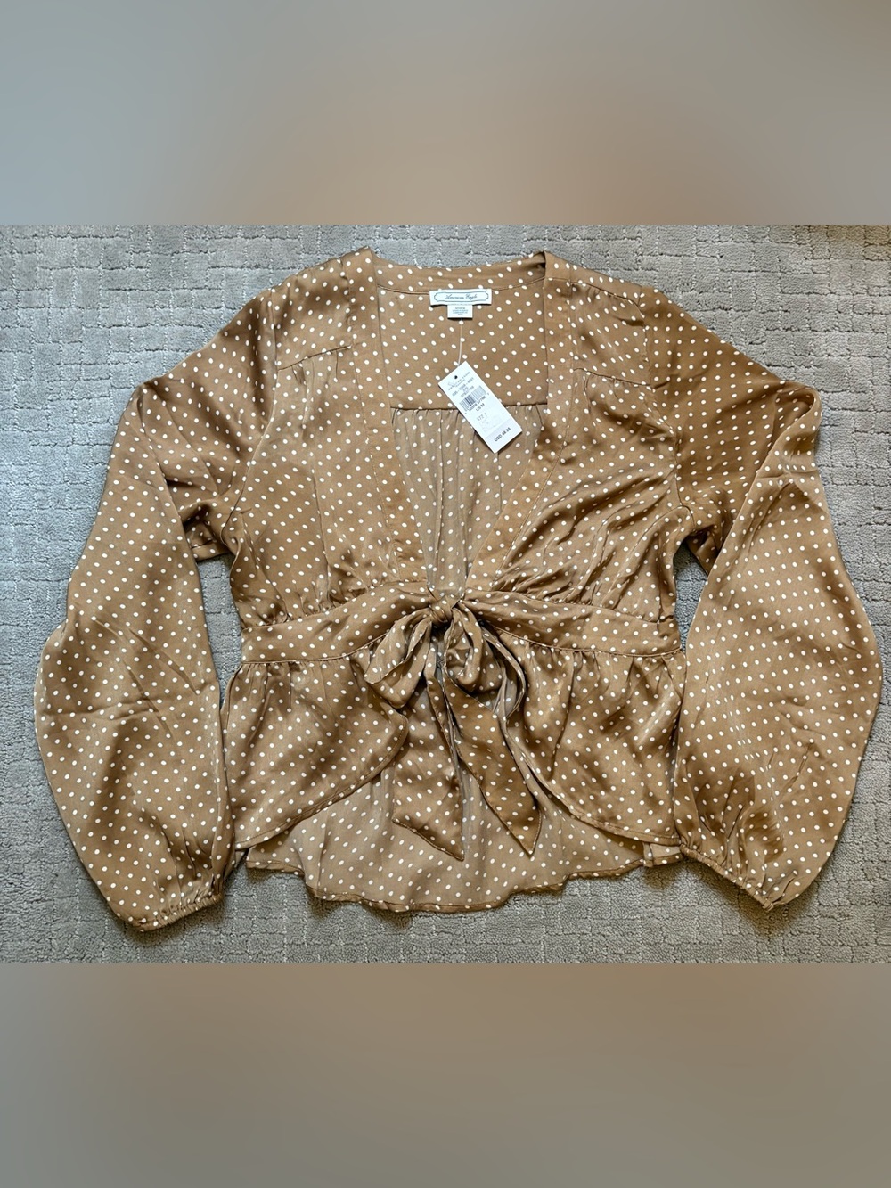American Eagle Outfitters Silky Long Sleeve Tie-Front Brown Polkadot Top - Picture 3 of 7